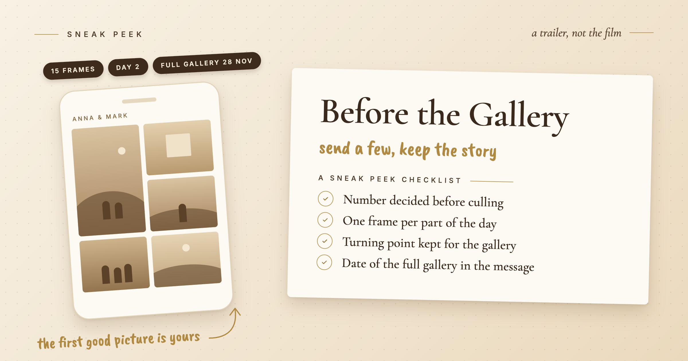 A phone showing a small set of wedding photos next to a paper card with a sneak peek checklist