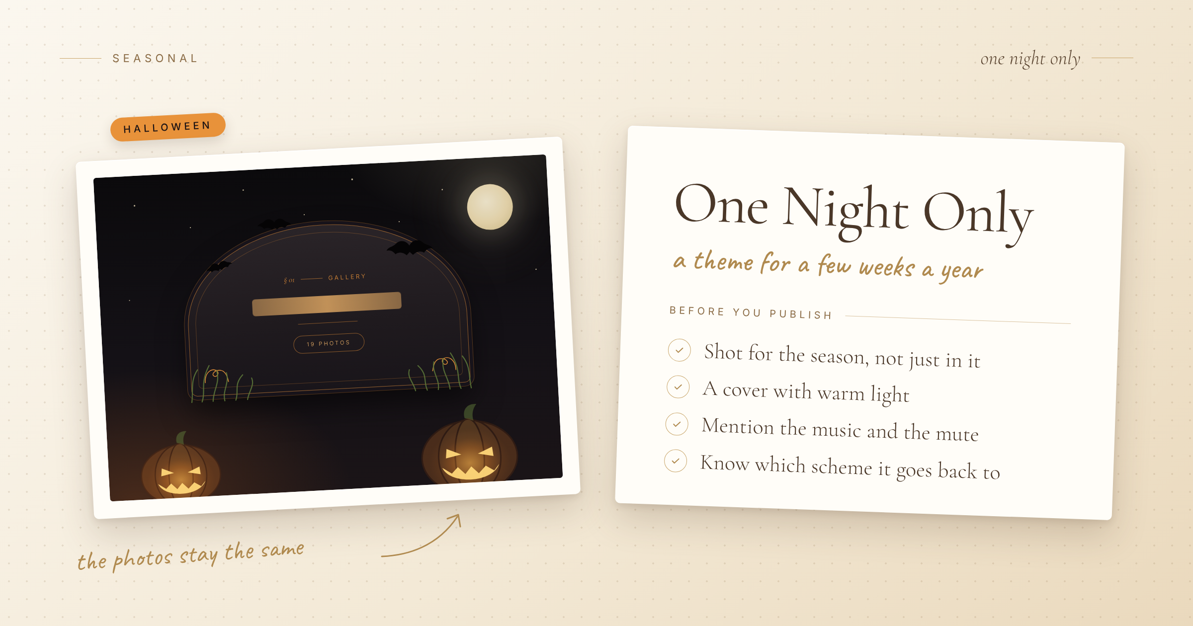 A dark gallery cover with an amber frame, small pumpkins and bats on a paper card, next to a checklist for seasonal deliveries