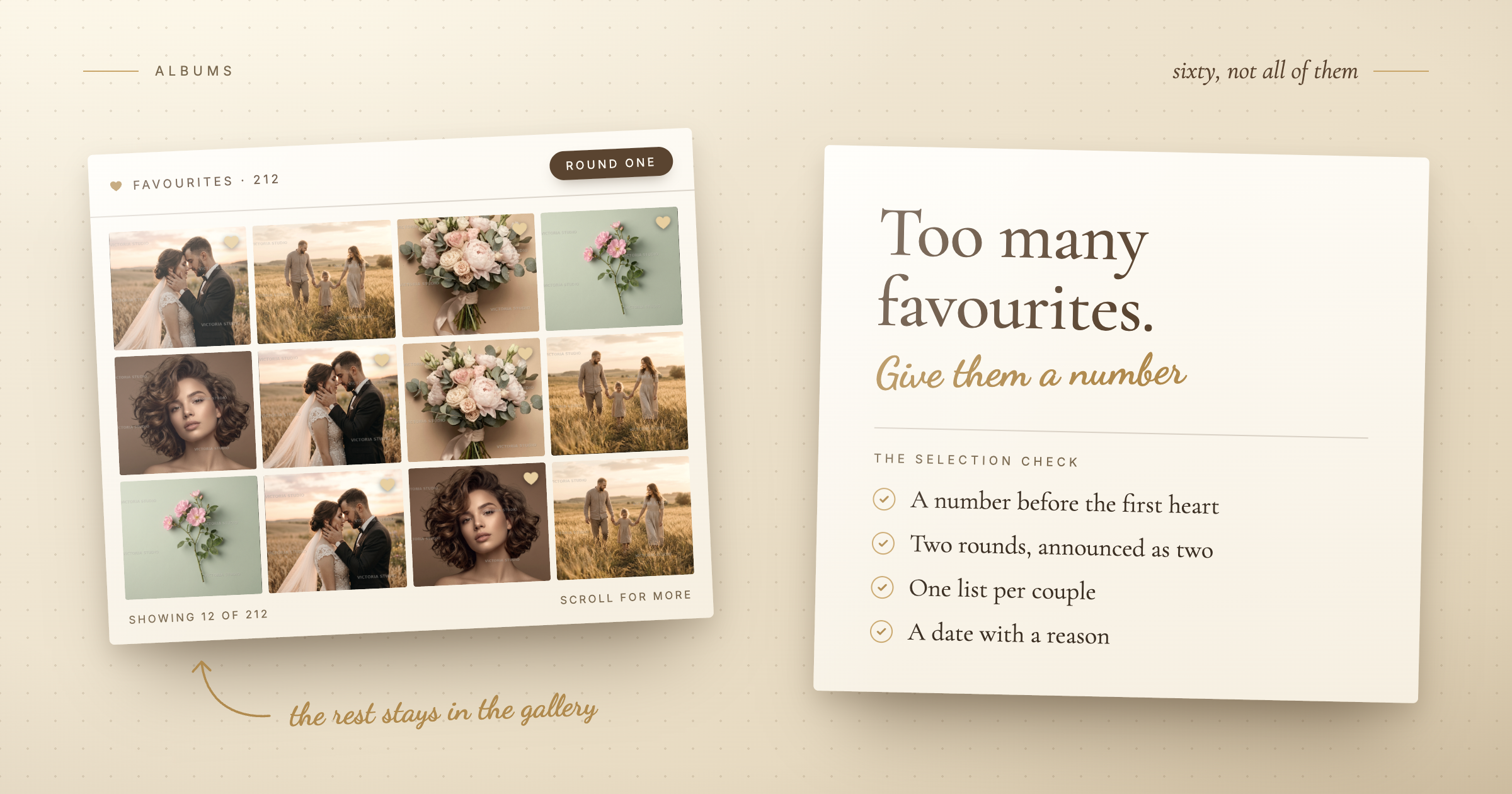 An open wedding album on a table beside a laptop showing a grid of photos